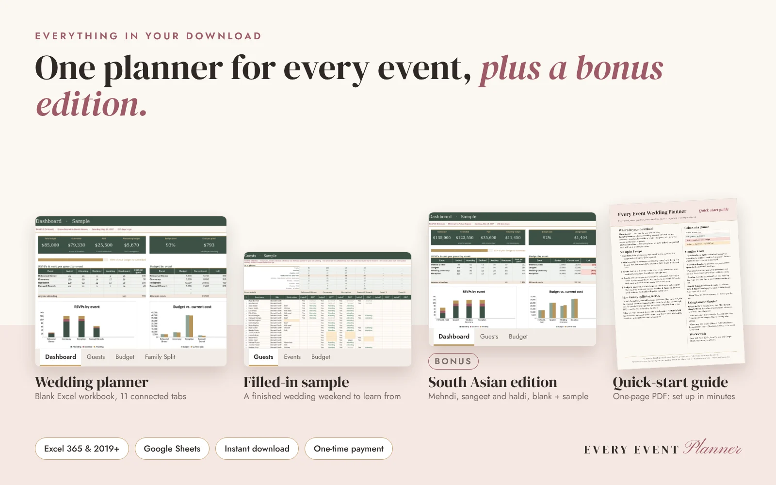 What's in the download: the wedding planner workbook, a filled-in sample, the bonus South Asian edition and a one-page quick-start guide